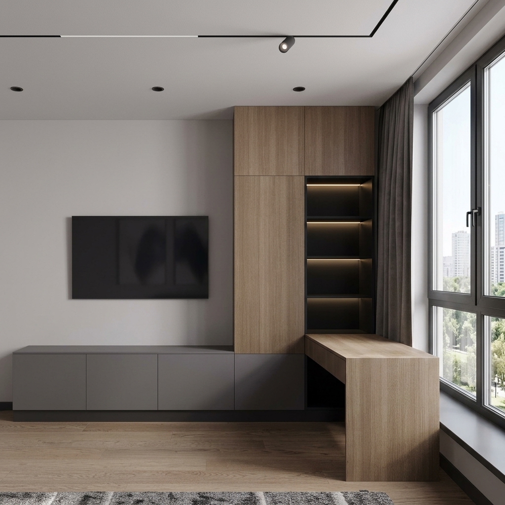 Современная рабочая зона для детской с ТВ и шкафом